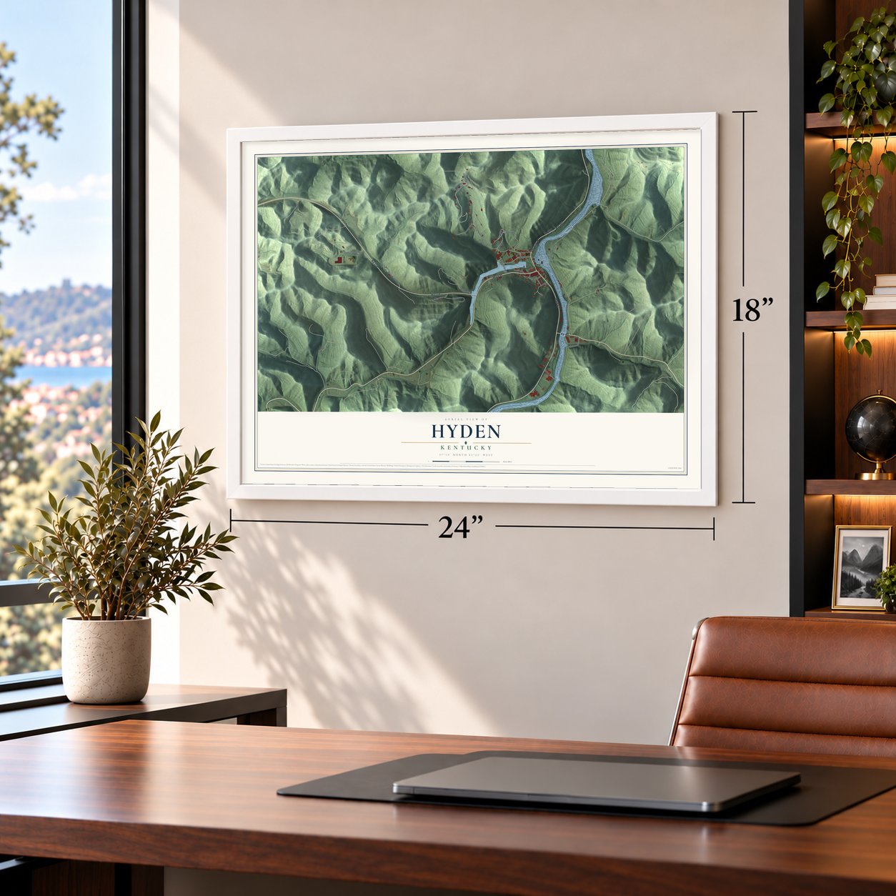 Hyden, Kentucky map, 18 x 24 inch print in a white frame in a home office