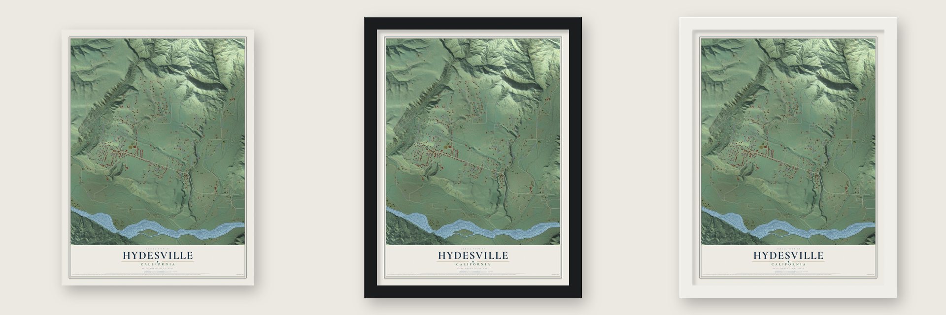 Hydesville, California map unframed, in a black wood frame and in a white wood frame