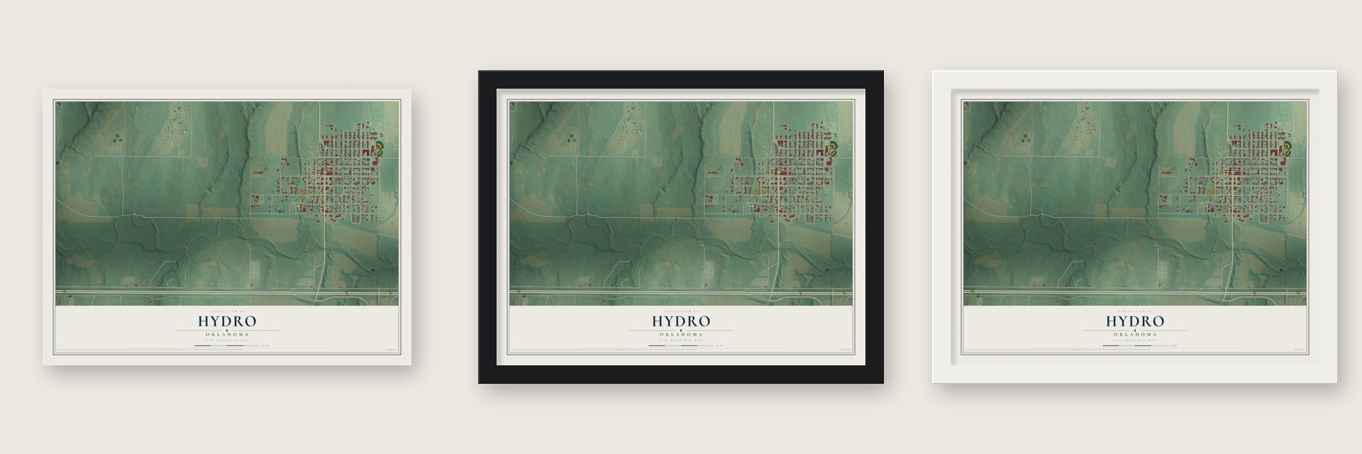 Hydro, Oklahoma map unframed, in a black wood frame and in a white wood frame