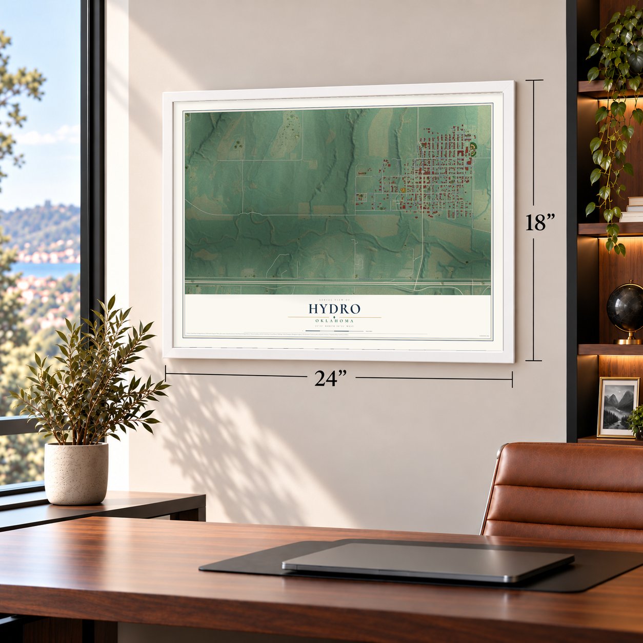Hydro, Oklahoma map, 18 x 24 inch print in a white frame in a home office