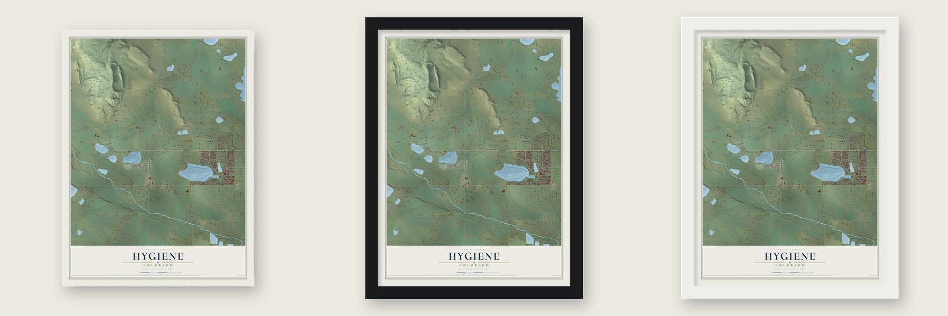Hygiene, Colorado map unframed, in a black wood frame and in a white wood frame
