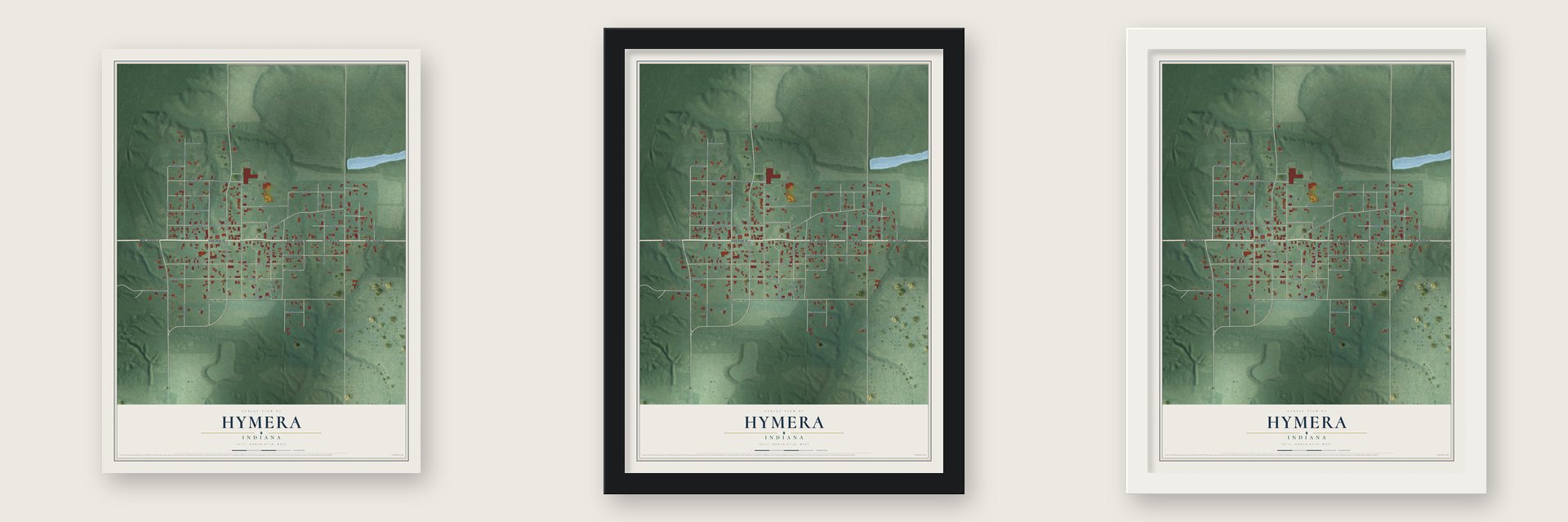 Hymera, Indiana map unframed, in a black wood frame and in a white wood frame