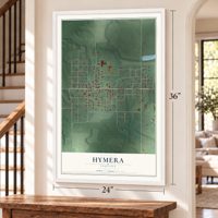 Hymera, Indiana map, 24 x 36 inch print in a white frame by a staircase