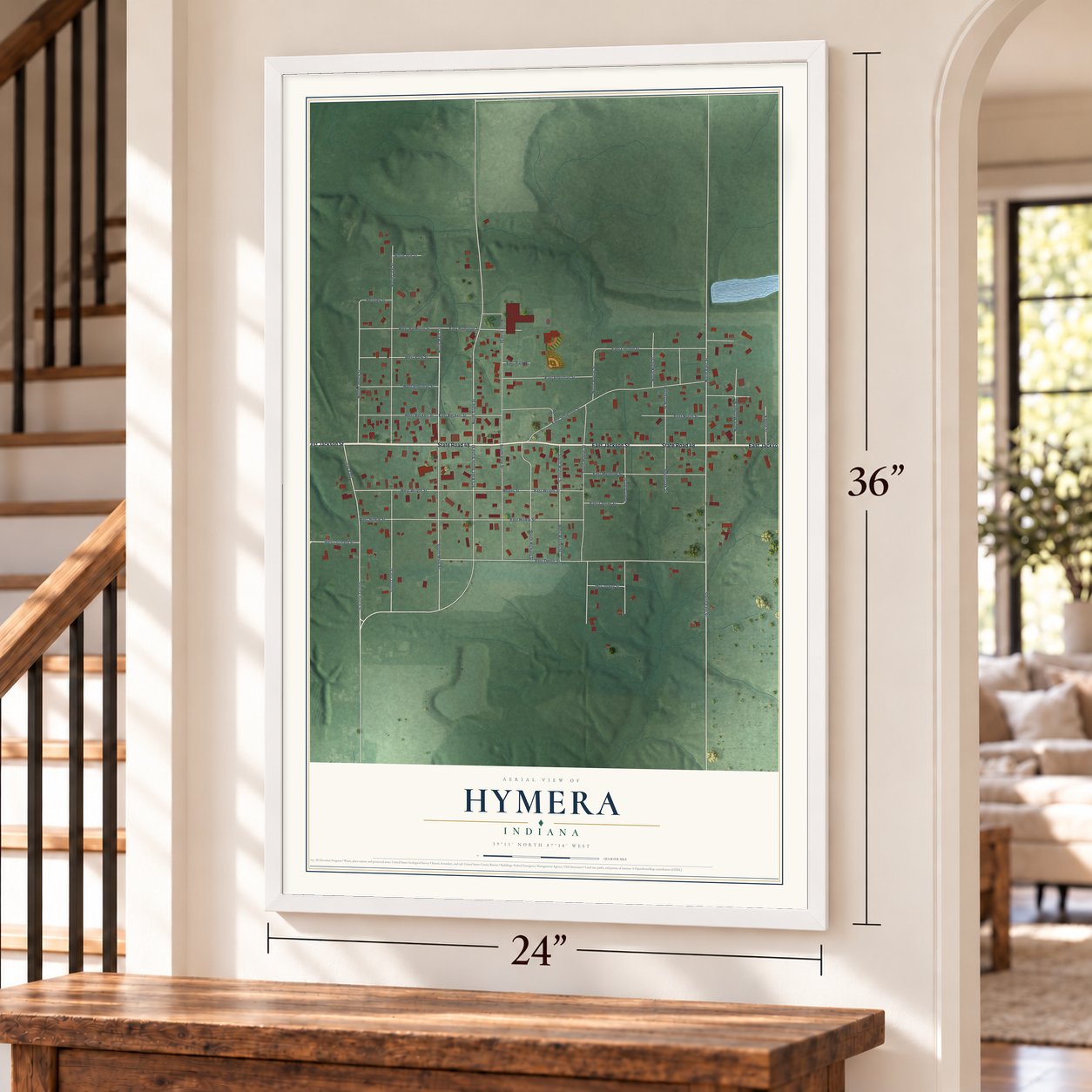 Hymera, Indiana map, 24 x 36 inch print in a white frame by a staircase