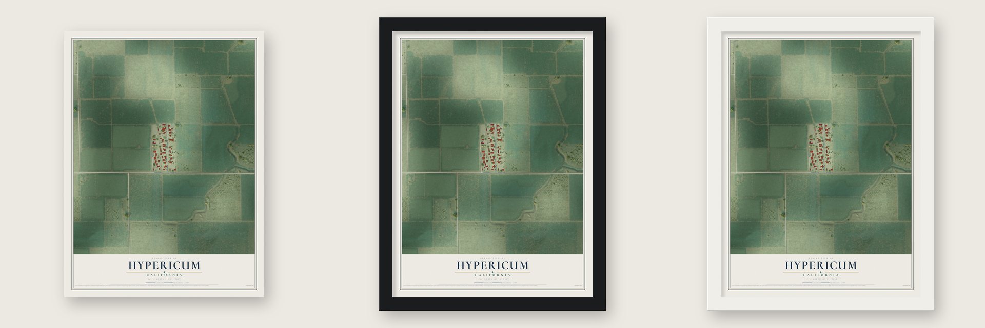 Hypericum, California map unframed, in a black wood frame and in a white wood frame