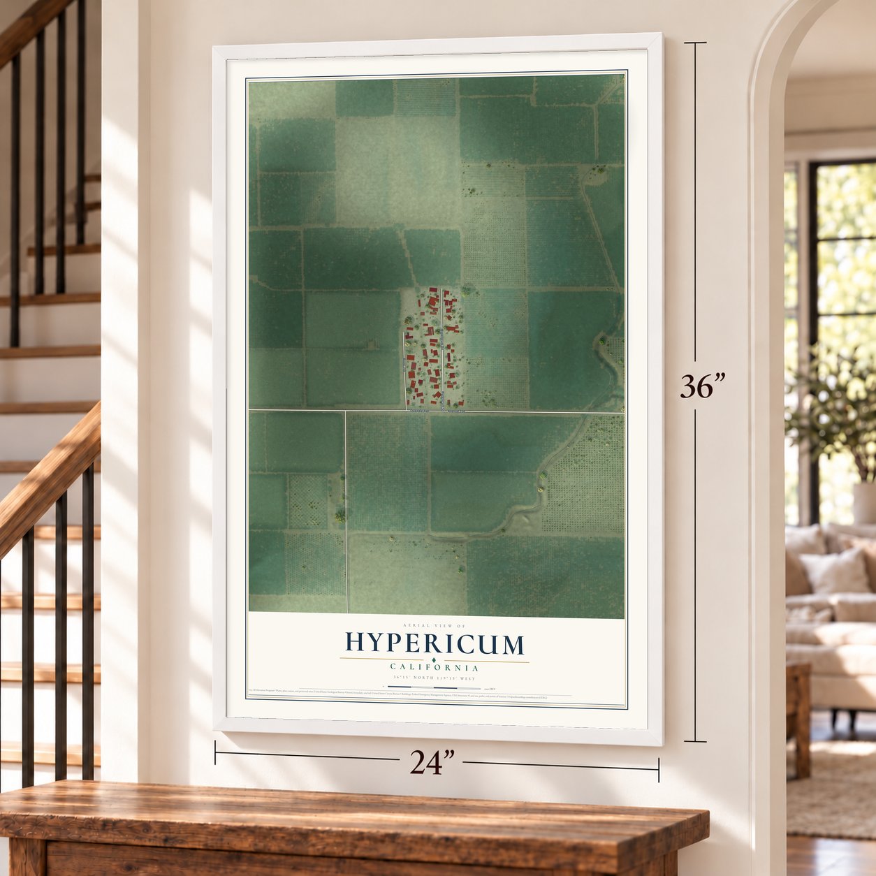 Hypericum, California map, 24 x 36 inch print in a white frame by a staircase