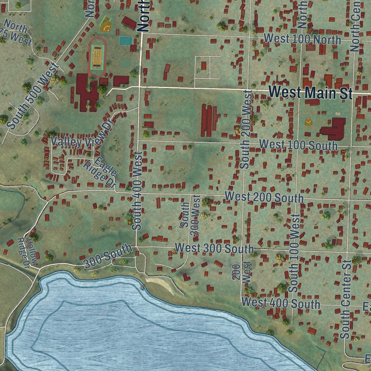 Second close-up of the map of Hyrum, Utah print showing more streets and buildings