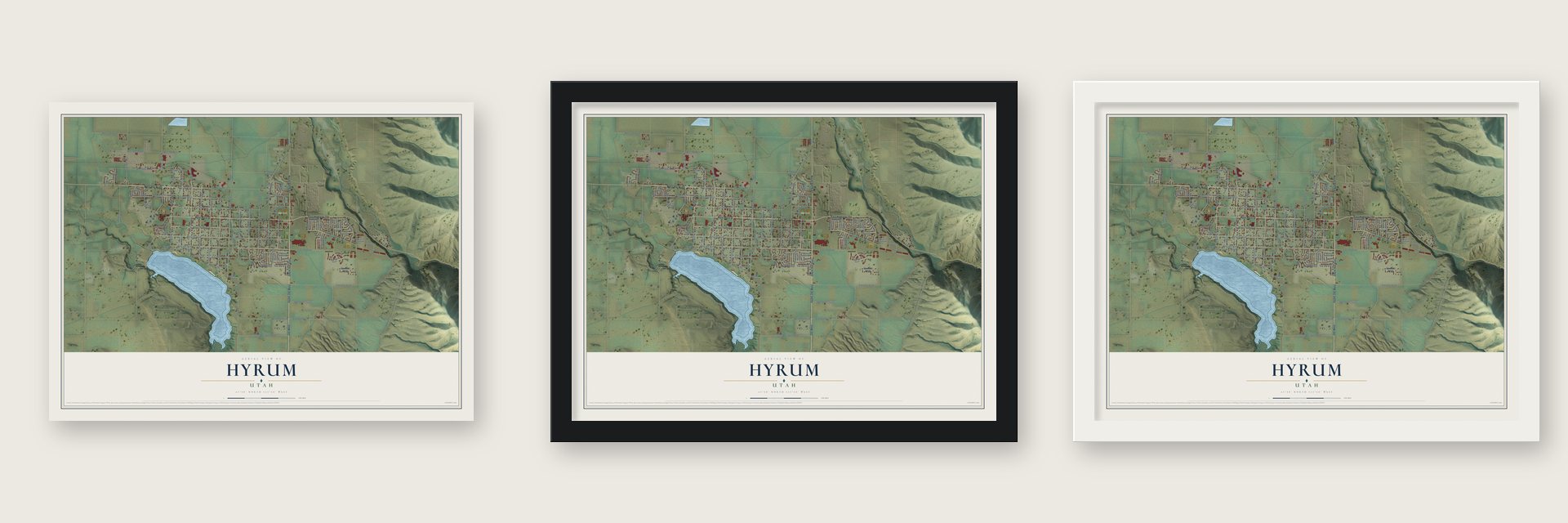 Hyrum, Utah map unframed, in a black wood frame and in a white wood frame