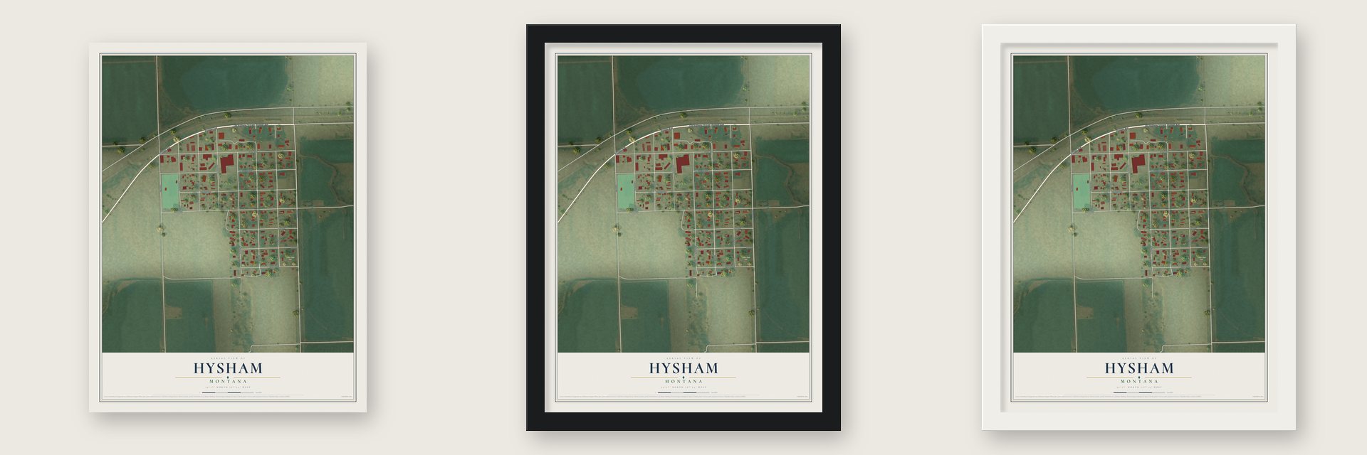 Hysham, Montana map unframed, in a black wood frame and in a white wood frame