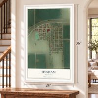 Hysham, Montana map, 24 x 36 inch print in a white frame by a staircase