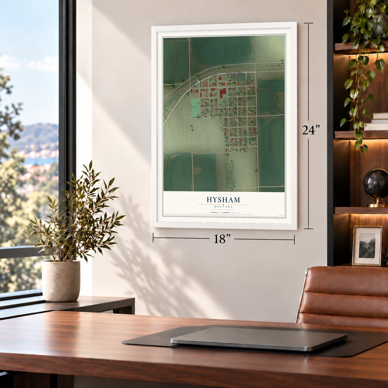 Hysham, Montana map, 18 x 24 inch print in a white frame in a home office