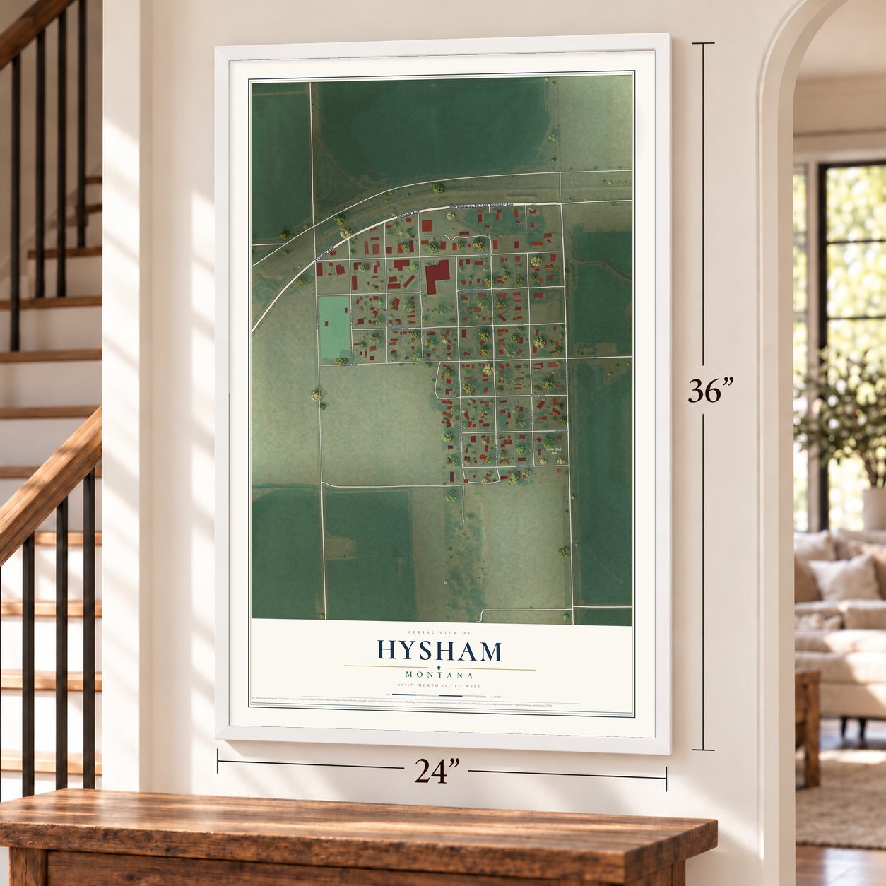 Hysham, Montana map, 24 x 36 inch print in a white frame by a staircase