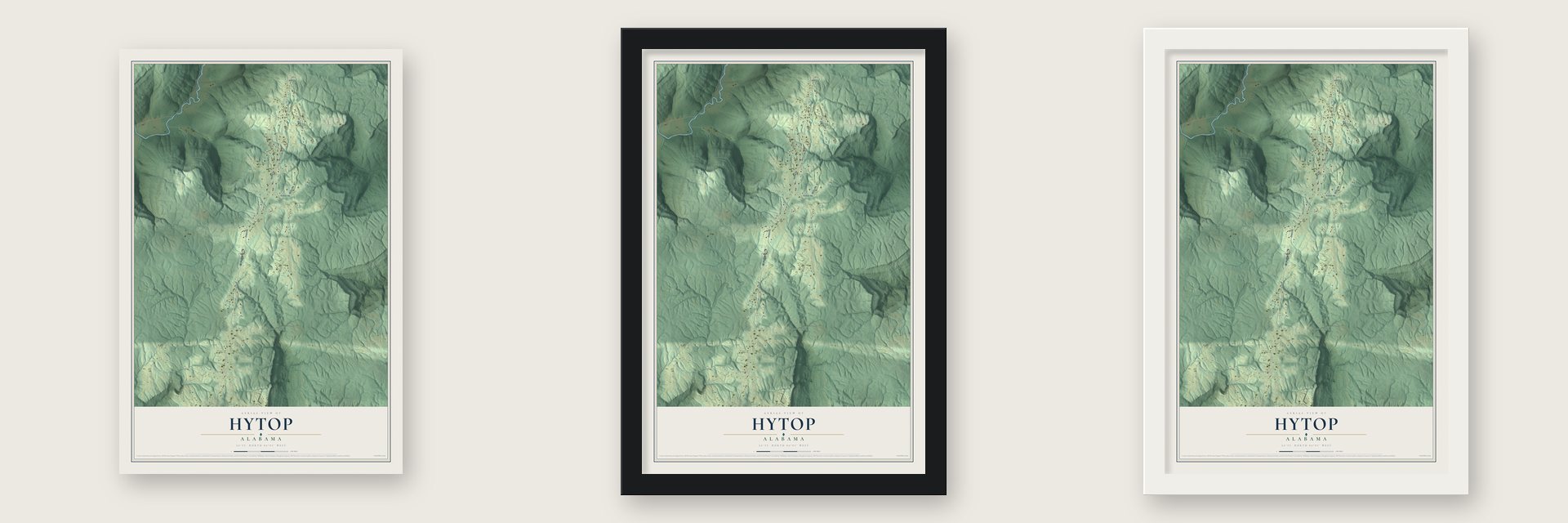 Hytop, Alabama map unframed, in a black wood frame and in a white wood frame