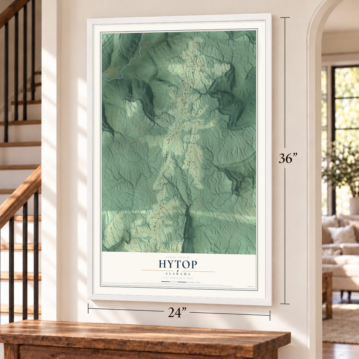Hytop, Alabama map, 24 x 36 inch print in a white frame by a staircase