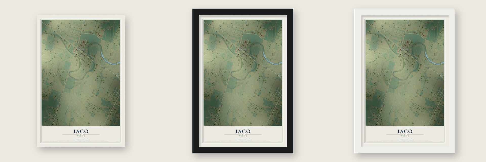 Iago, Texas map unframed, in a black wood frame and in a white wood frame
