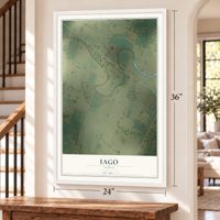 Iago, Texas map, 24 x 36 inch print in a white frame by a staircase