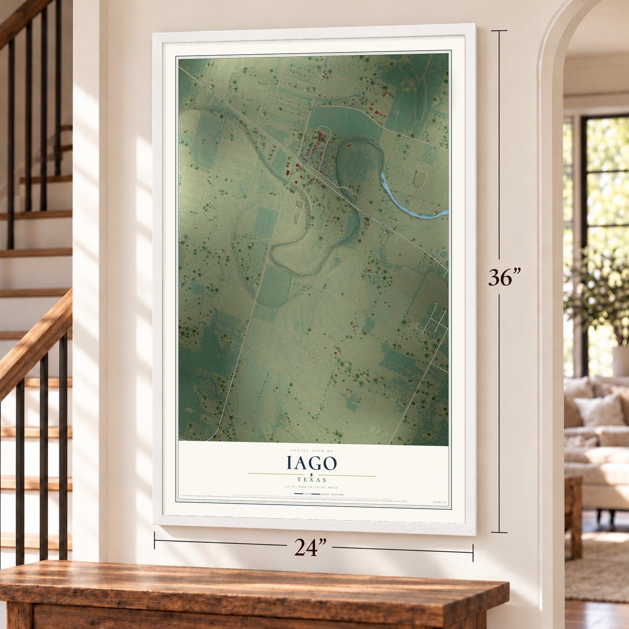 Iago, Texas map, 24 x 36 inch print in a white frame by a staircase