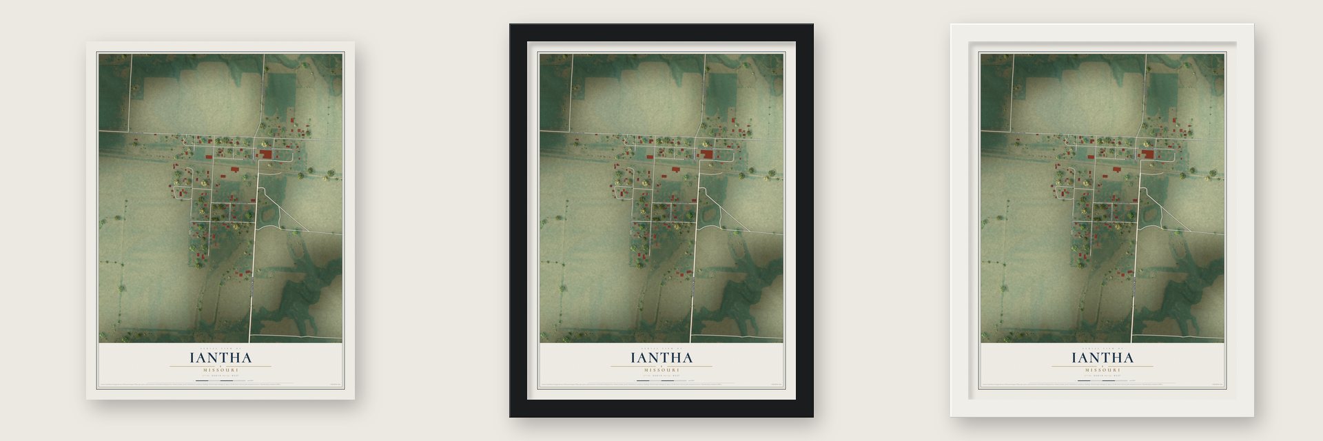 Iantha, Missouri map unframed, in a black wood frame and in a white wood frame