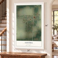 Iantha, Missouri map, 24 x 36 inch print in a white frame by a staircase