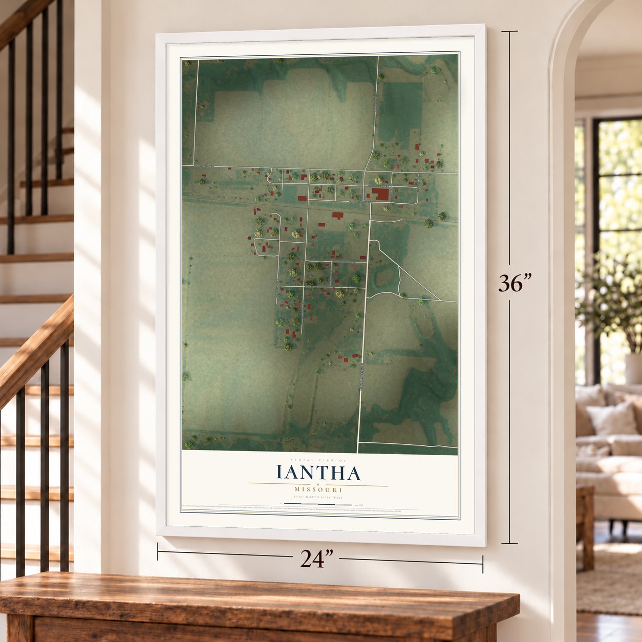 Iantha, Missouri map, 24 x 36 inch print in a white frame by a staircase