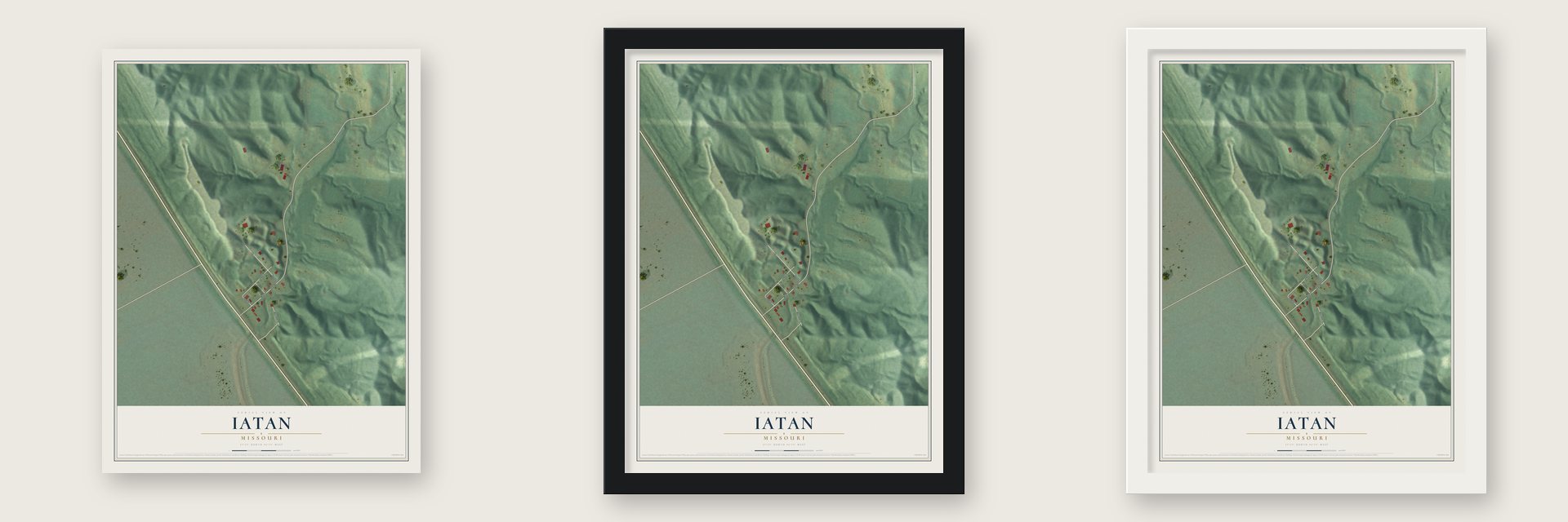 Iatan, Missouri map unframed, in a black wood frame and in a white wood frame