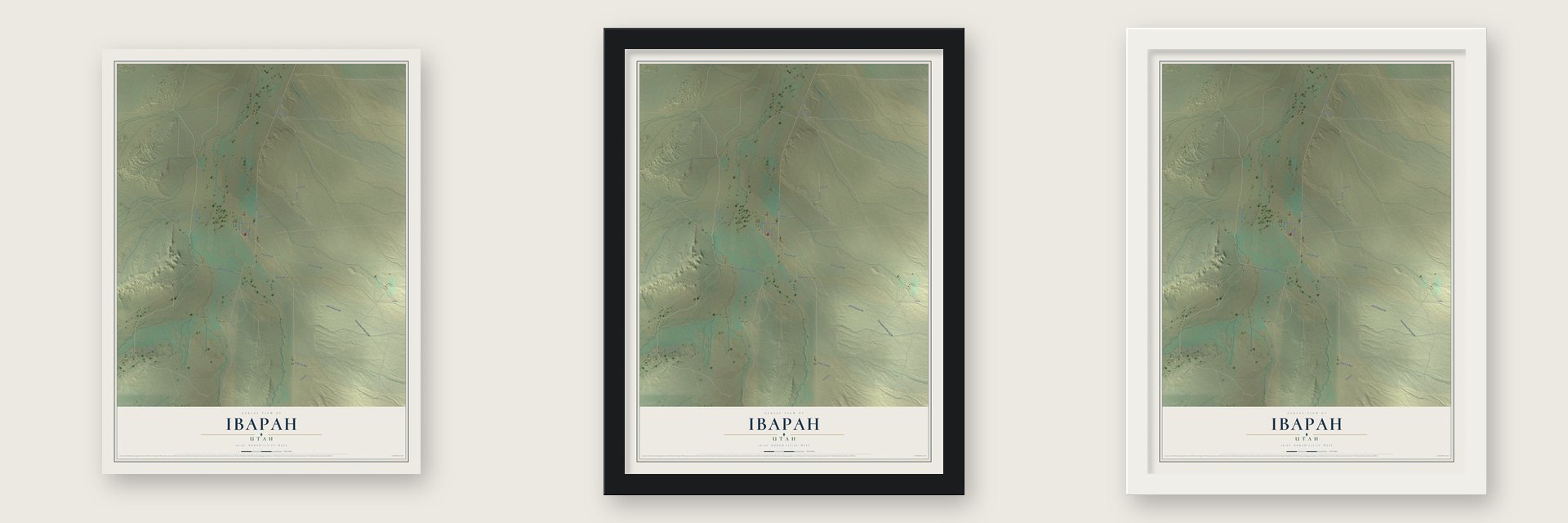Ibapah, Utah map unframed, in a black wood frame and in a white wood frame