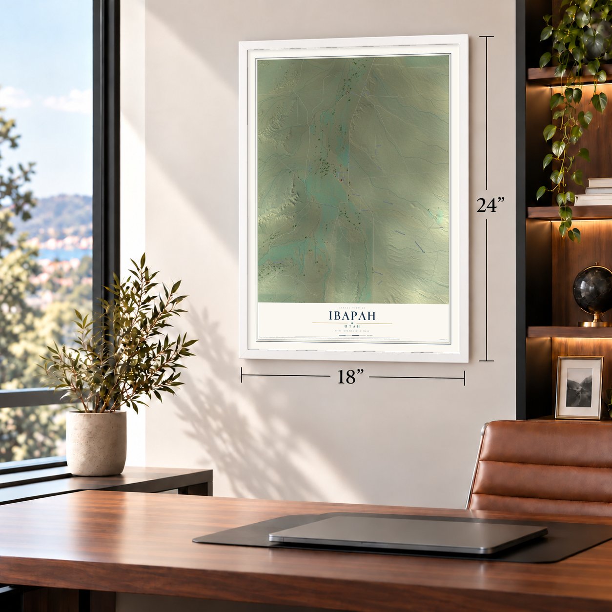 Ibapah, Utah map, 18 x 24 inch print in a white frame in a home office