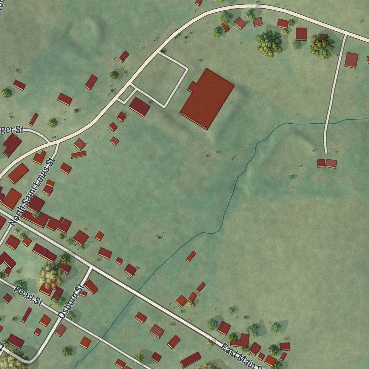 Second close-up of the map of Iberia, Missouri print showing more streets and buildings