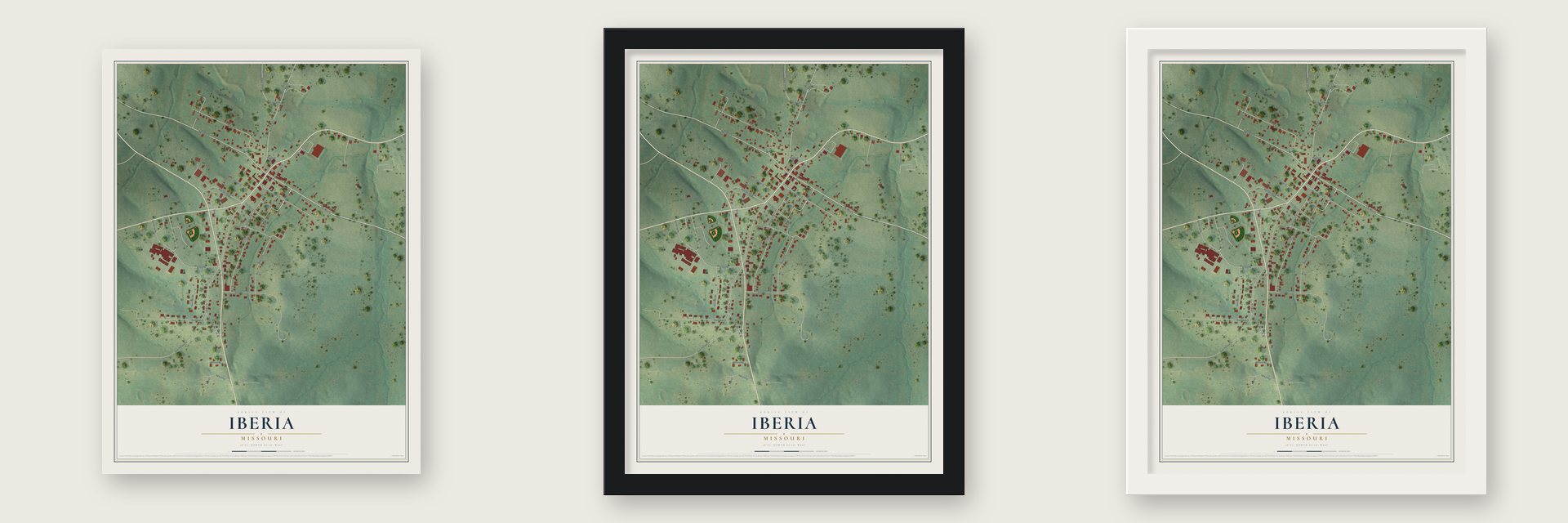 Iberia, Missouri map unframed, in a black wood frame and in a white wood frame