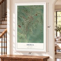 Iberia, Missouri map, 24 x 36 inch print in a white frame by a staircase