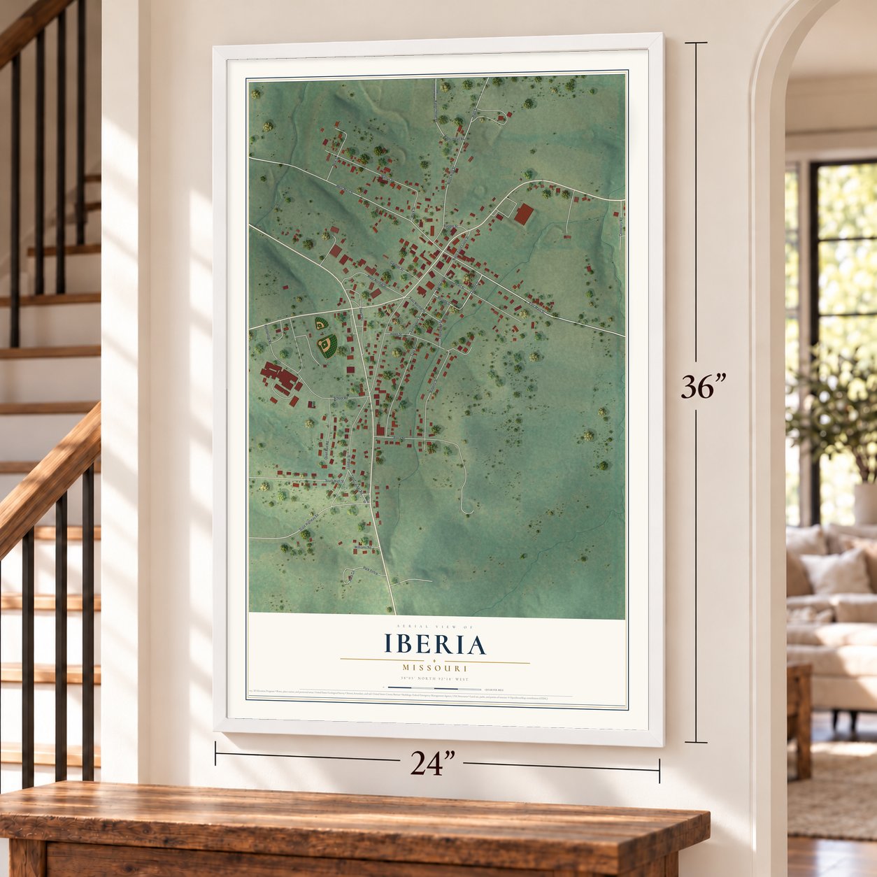 Iberia, Missouri map, 24 x 36 inch print in a white frame by a staircase