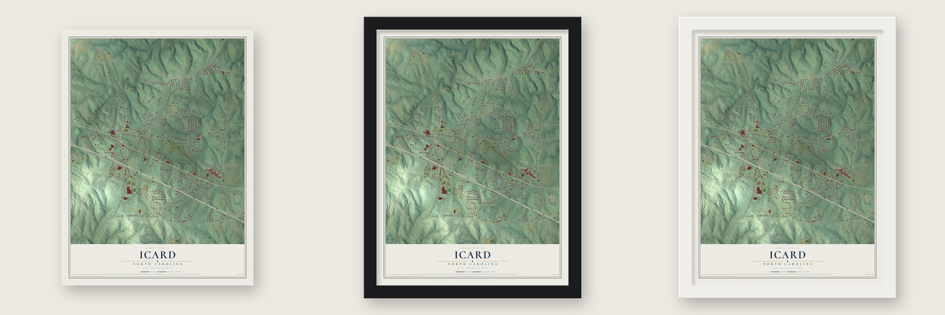 Icard, North Carolina map unframed, in a black wood frame and in a white wood frame