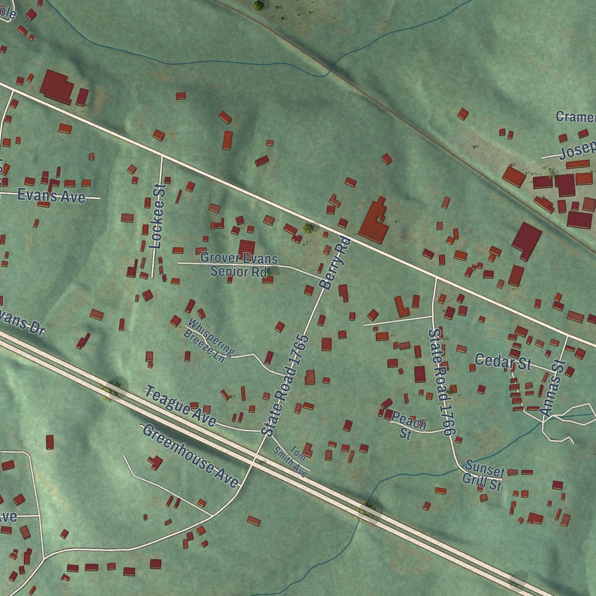 Second close-up of the map of Icard, North Carolina print showing more streets and buildings