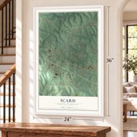 Icard, North Carolina map, 24 x 36 inch print in a white frame by a staircase