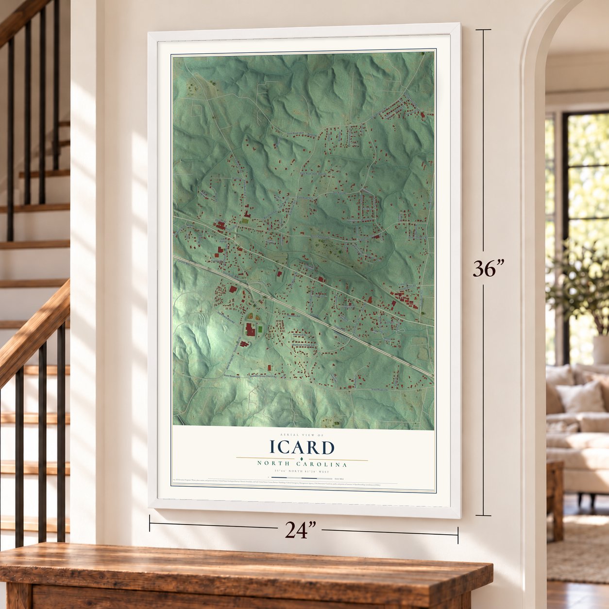Icard, North Carolina map, 24 x 36 inch print in a white frame by a staircase