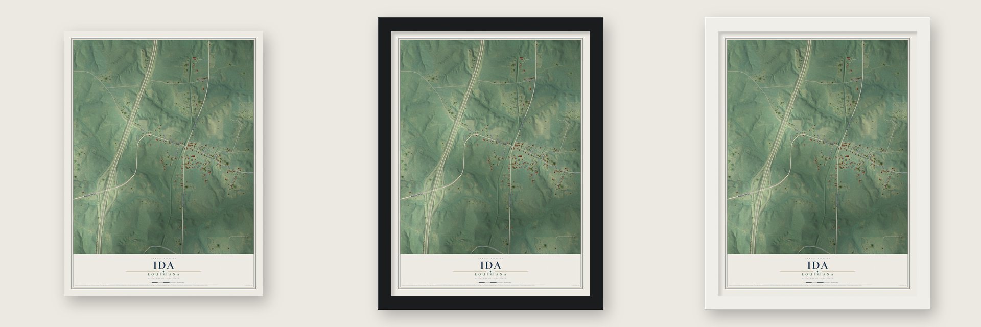 Ida, Louisiana map unframed, in a black wood frame and in a white wood frame