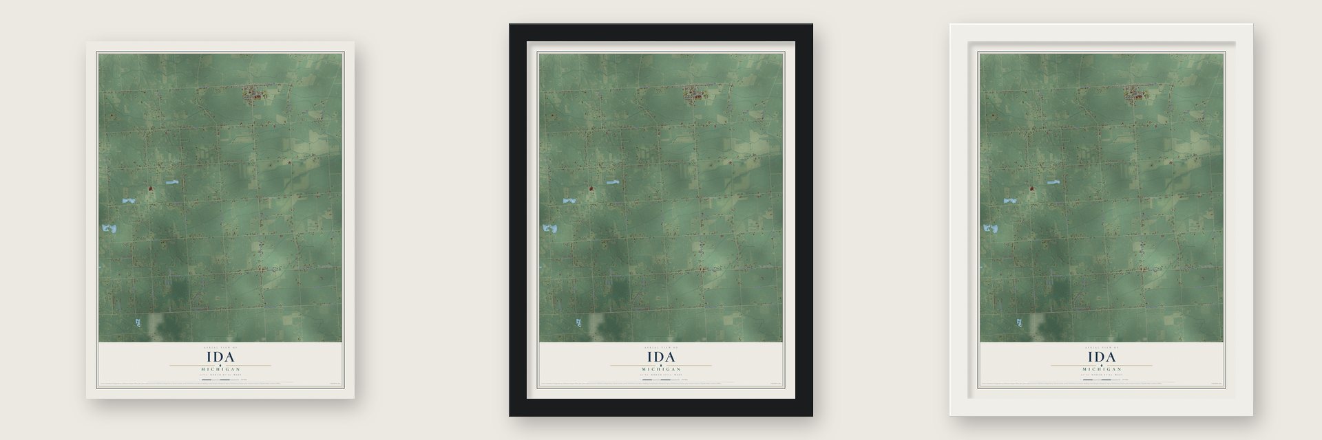 Ida, Michigan map unframed, in a black wood frame and in a white wood frame