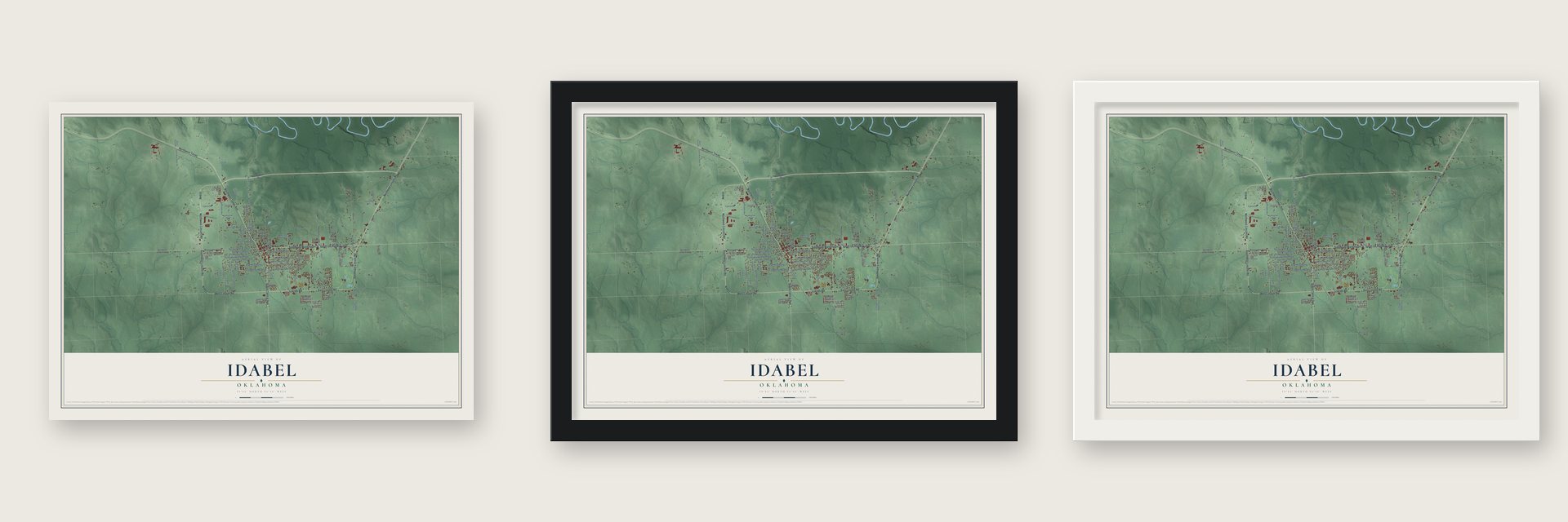 Idabel, Oklahoma map unframed, in a black wood frame and in a white wood frame