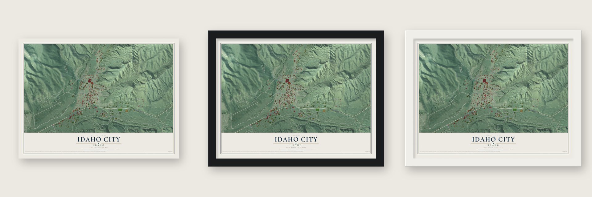 Idaho City, Idaho map unframed, in a black wood frame and in a white wood frame