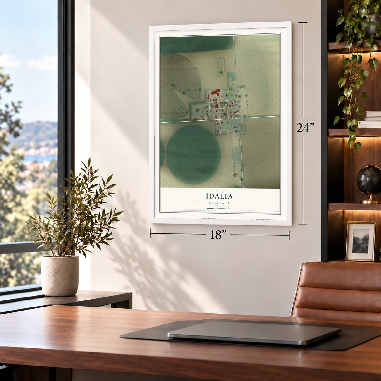 Idalia, Colorado map, 18 x 24 inch print in a white frame in a home office