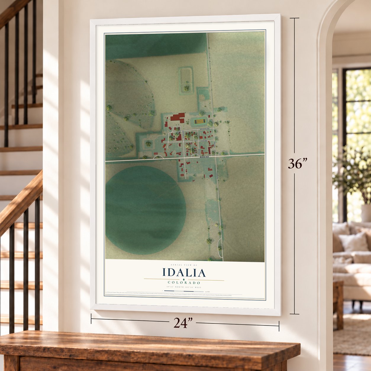 Idalia, Colorado map, 24 x 36 inch print in a white frame by a staircase