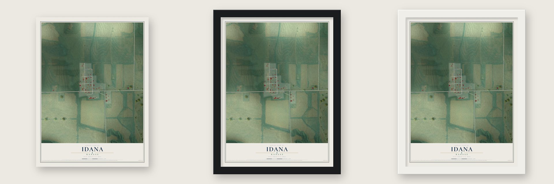 Idana, Kansas map unframed, in a black wood frame and in a white wood frame