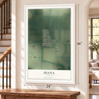 Idana, Kansas map, 24 x 36 inch print in a white frame by a staircase