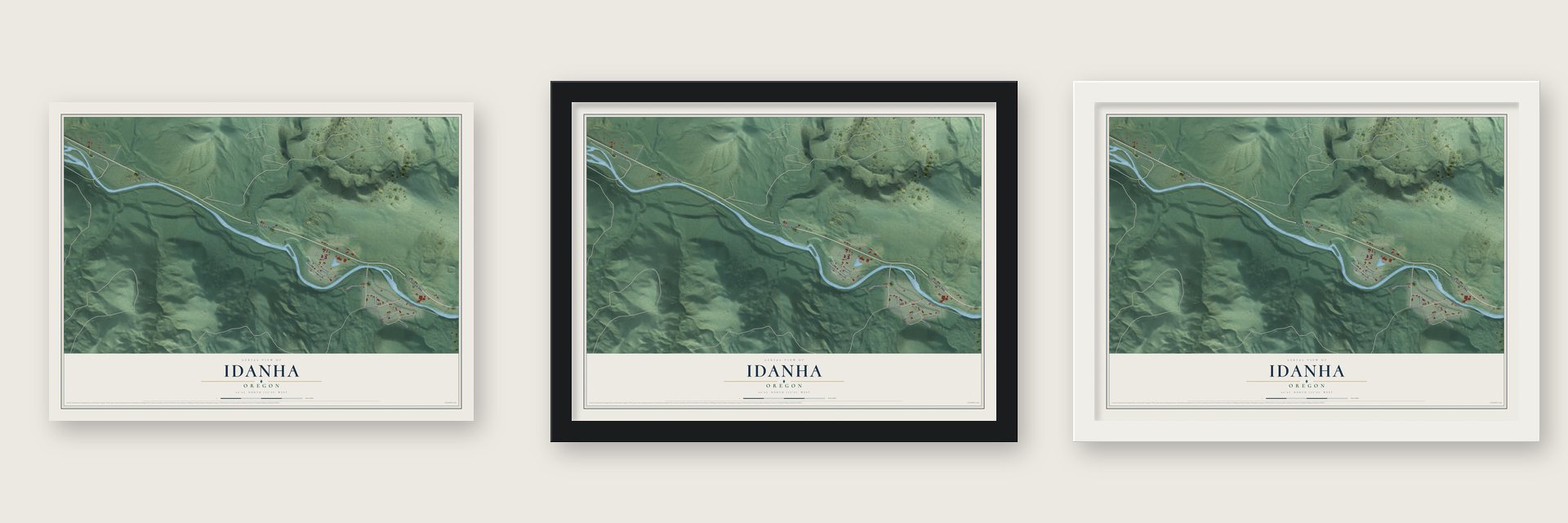 Idanha, Oregon map unframed, in a black wood frame and in a white wood frame