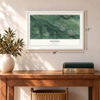 Idanha, Oregon map, 12 x 18 inch print in a white frame in an entryway