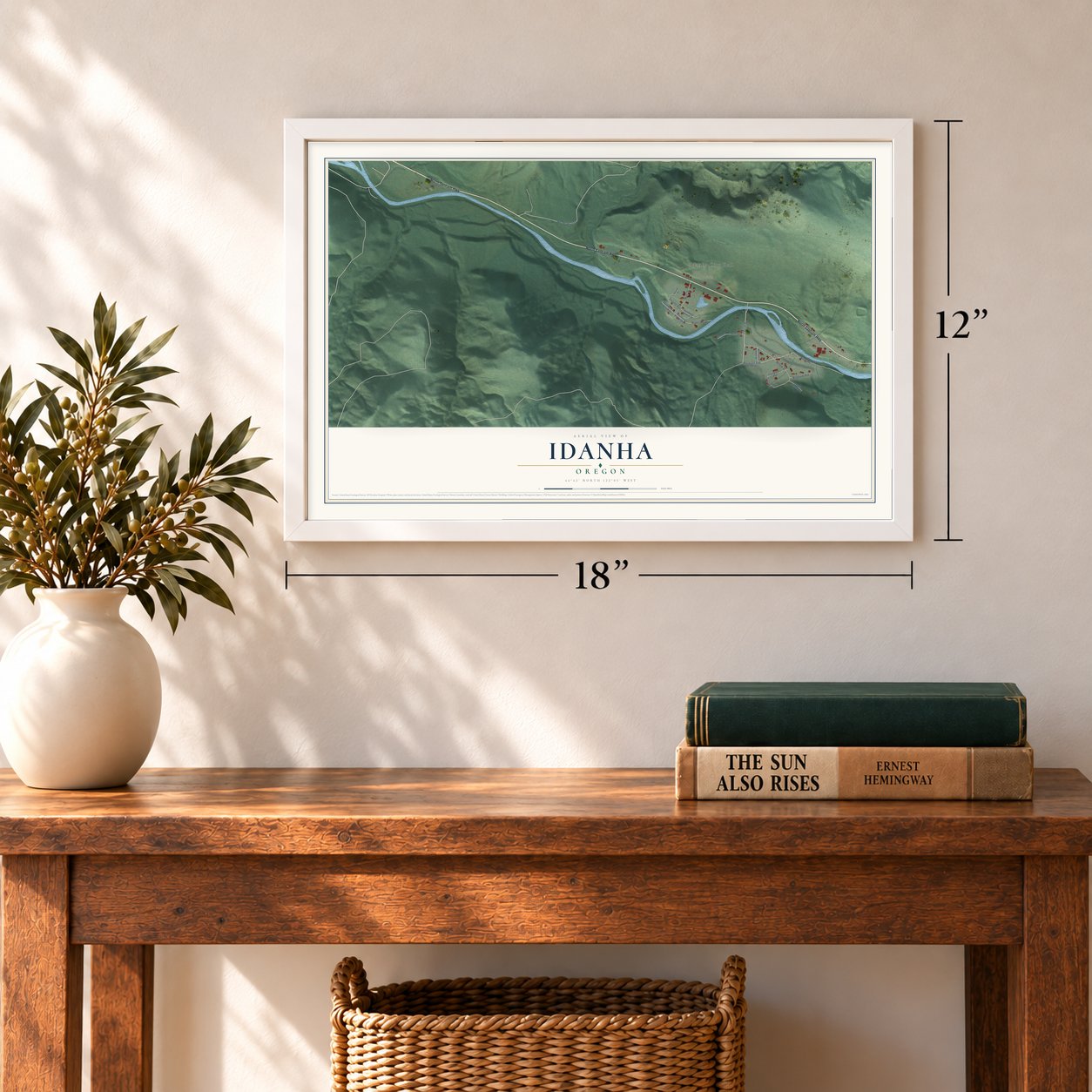 Idanha, Oregon map, 12 x 18 inch print in a white frame in an entryway