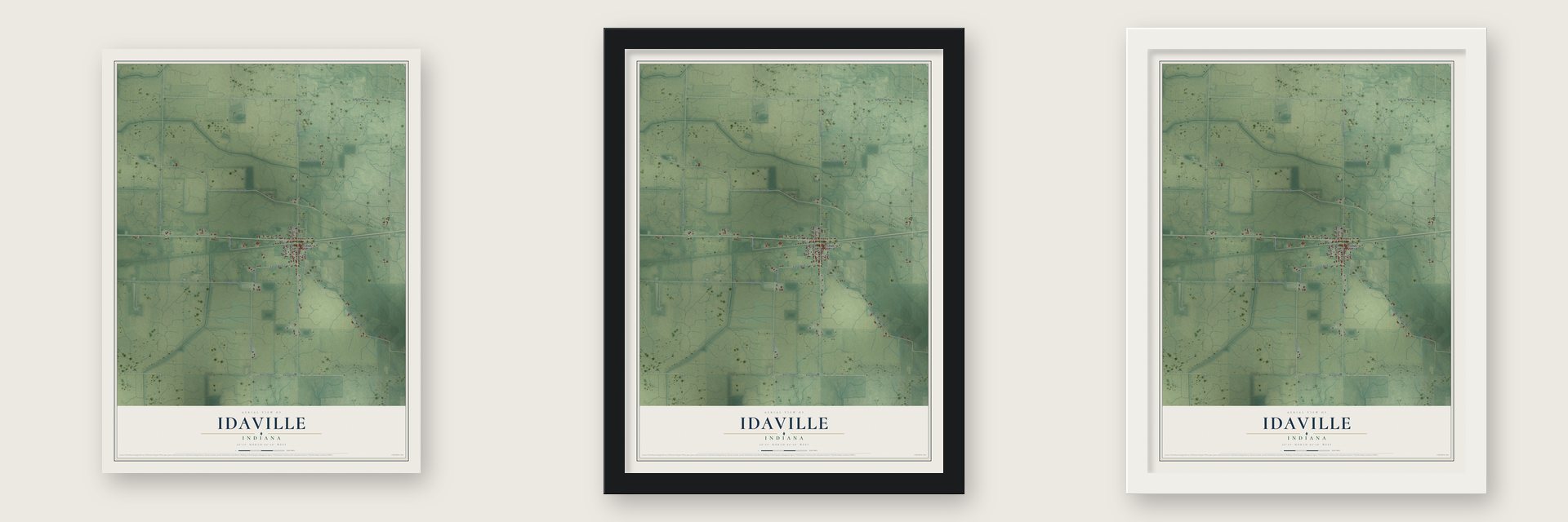 Idaville, Indiana map unframed, in a black wood frame and in a white wood frame