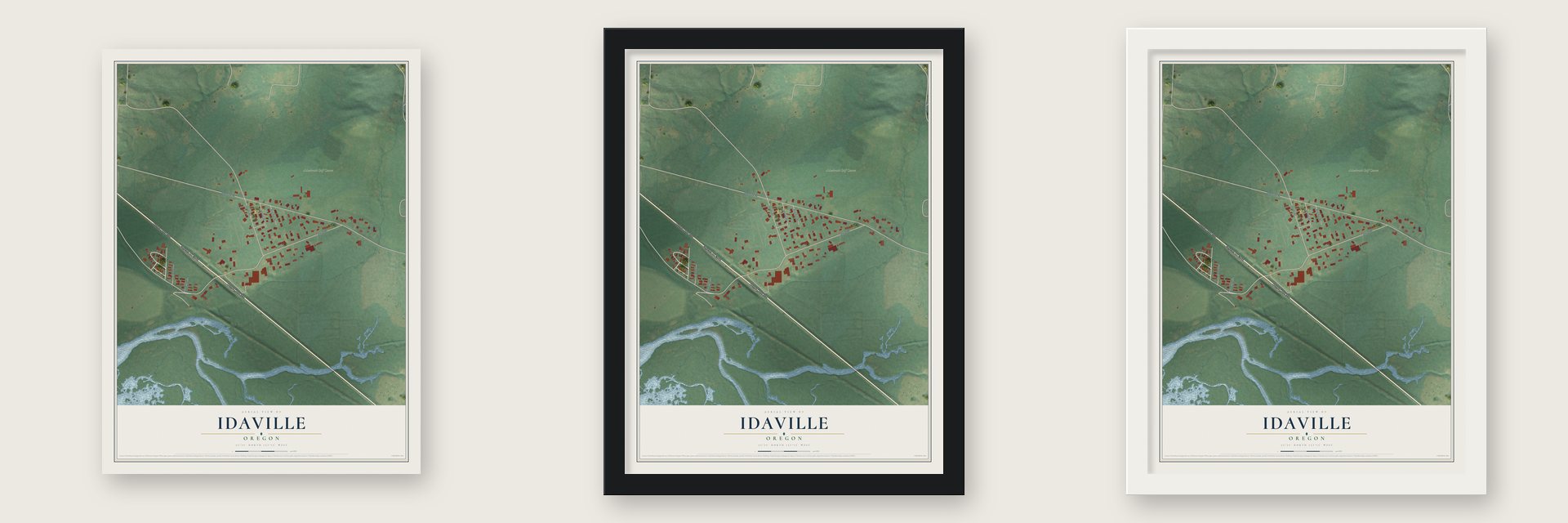 Idaville, Oregon map unframed, in a black wood frame and in a white wood frame