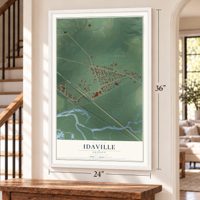 Idaville, Oregon map, 24 x 36 inch print in a white frame by a staircase