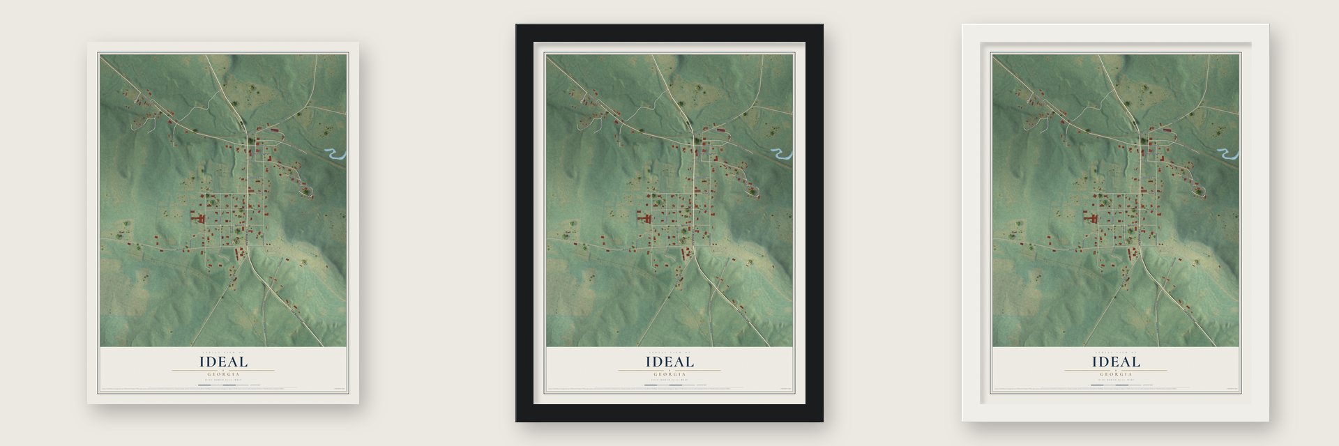 Ideal, Georgia map unframed, in a black wood frame and in a white wood frame